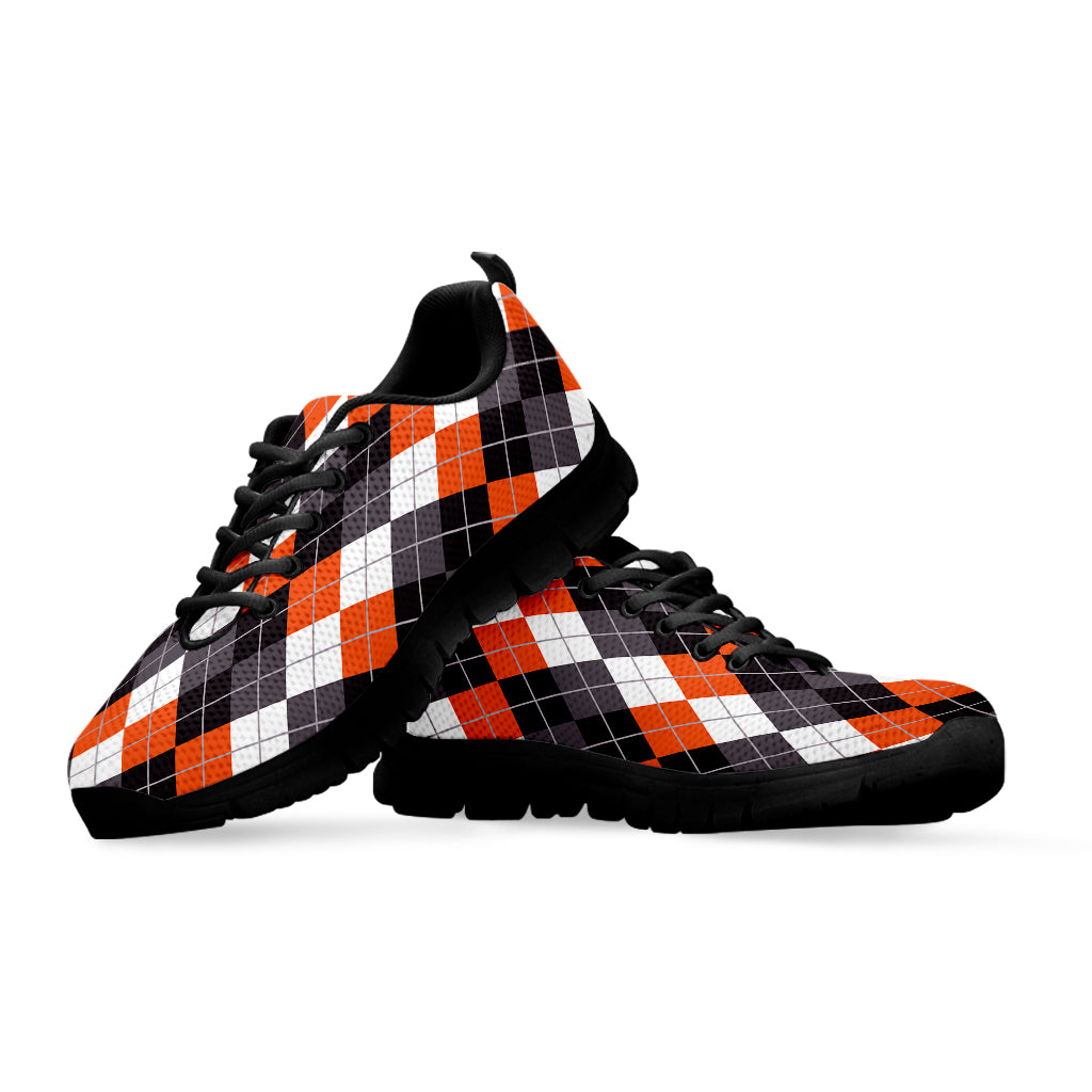 Grey Black Orange And White Argyle Print Black Sneakers