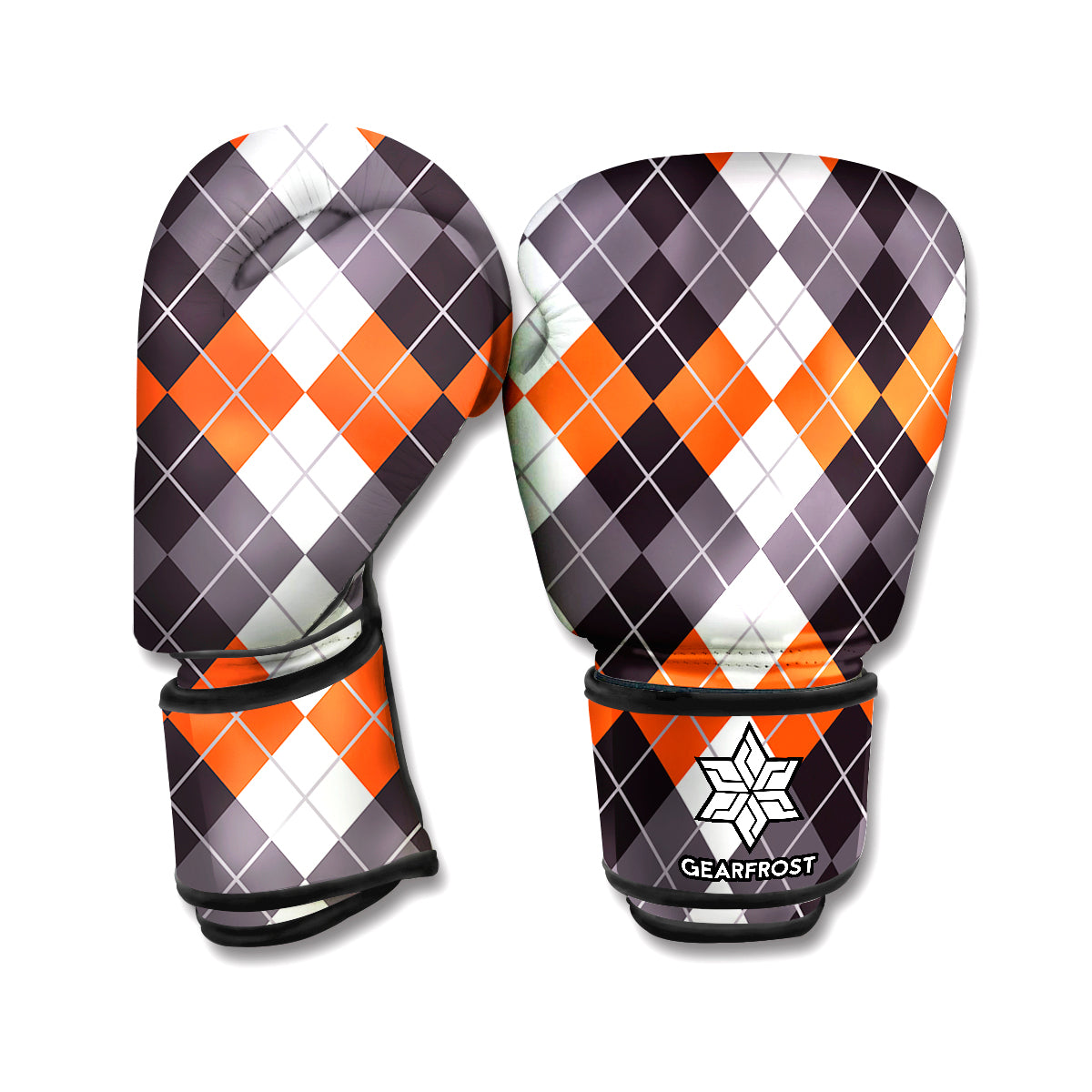 Grey Black Orange And White Argyle Print Boxing Gloves