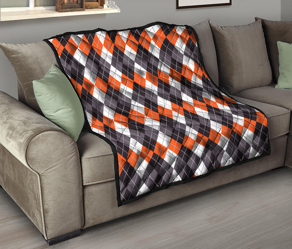 Grey Black Orange And White Argyle Print Quilt