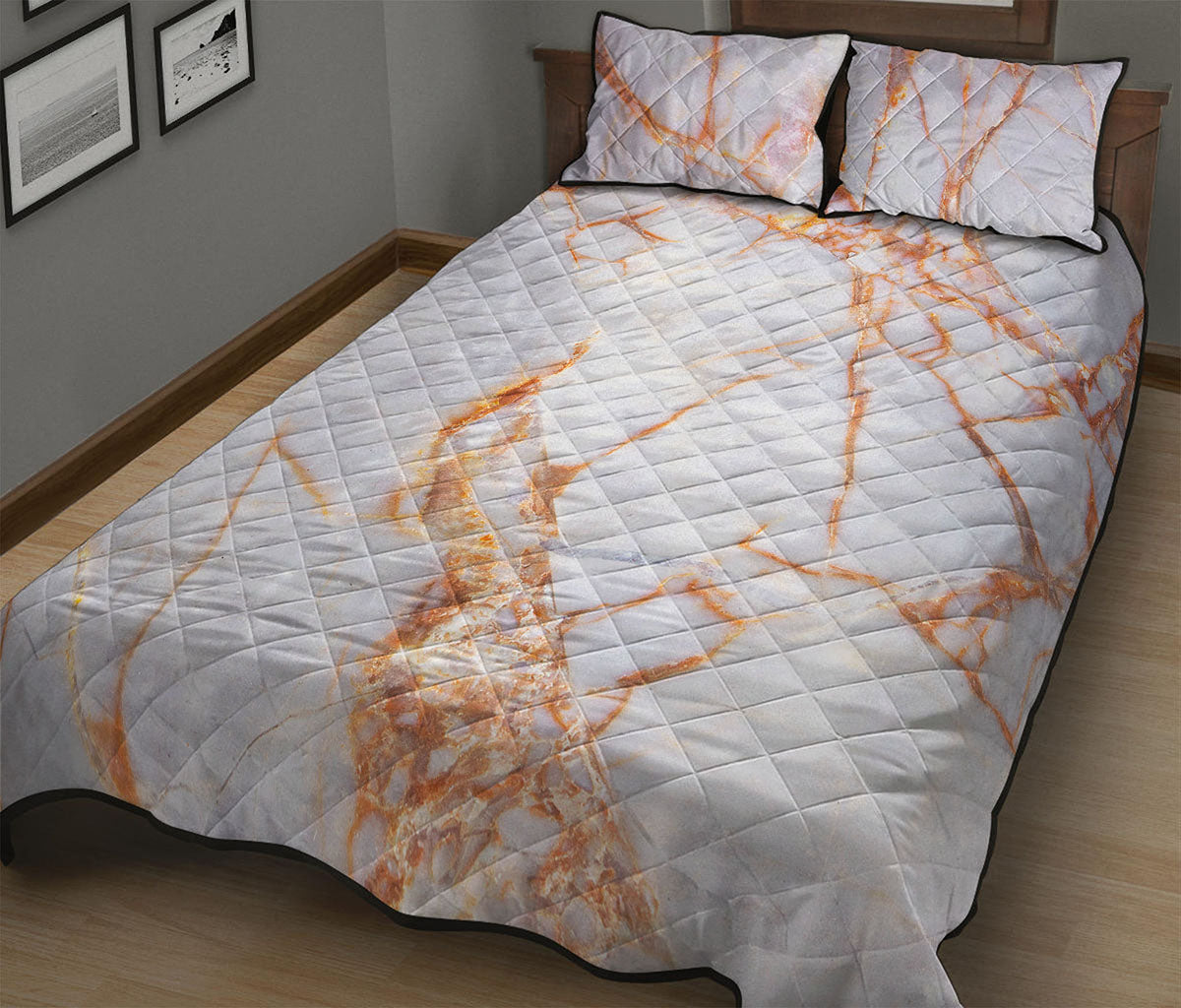 Grey Bronze Marble Print Quilt Bed Set
