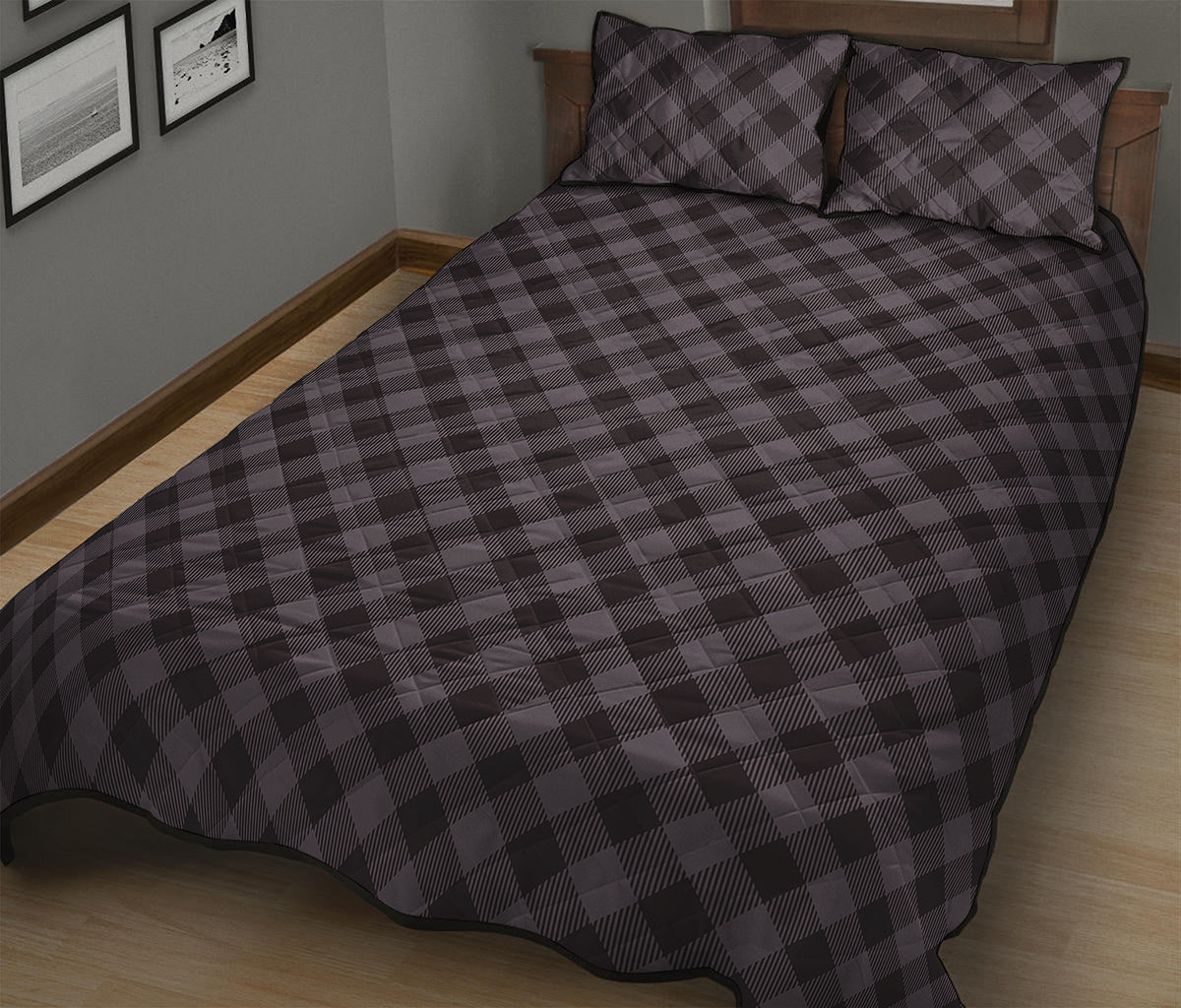 Grey Buffalo Plaid Pattern Print Quilt Bed Set