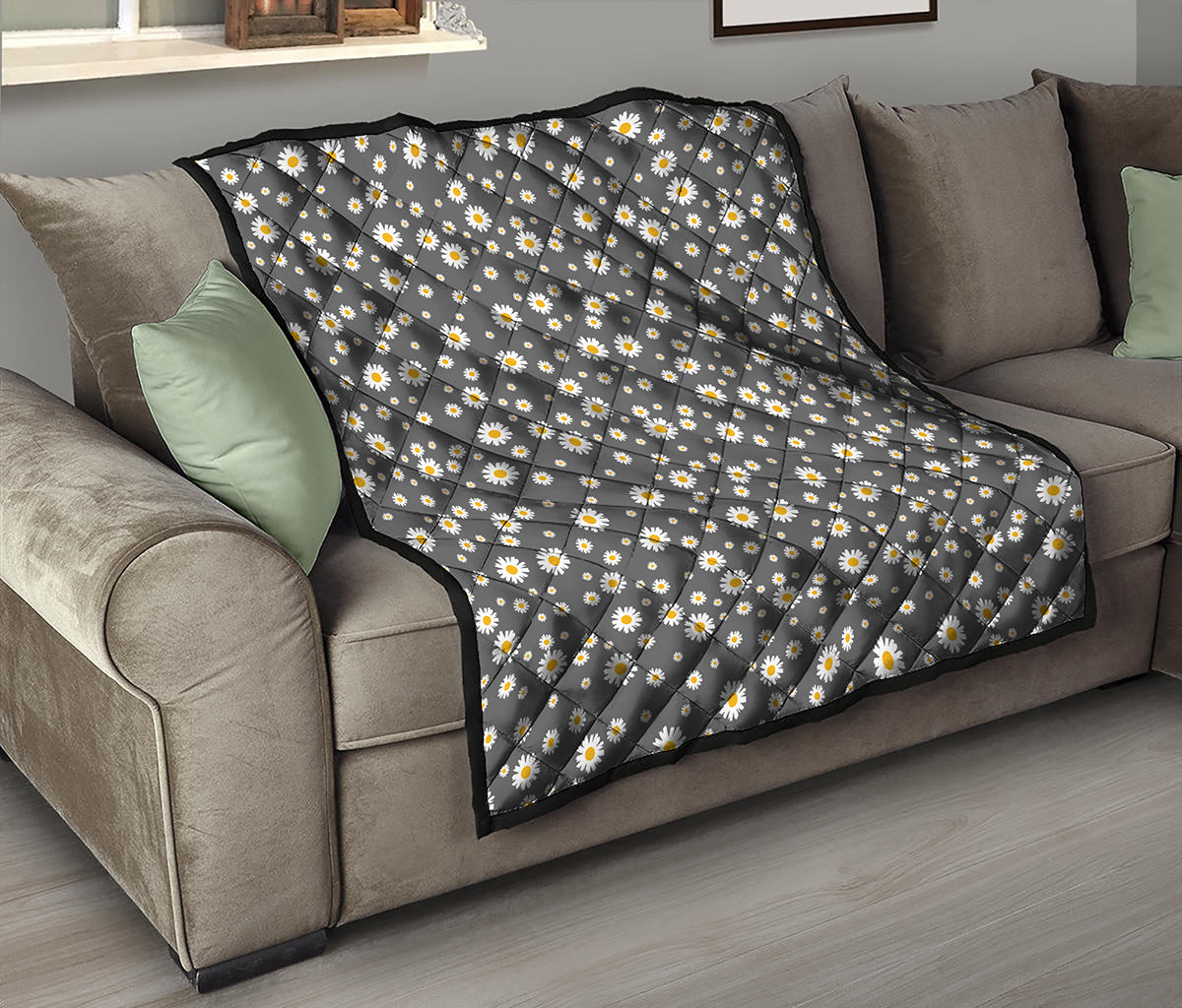 Grey Daisy Floral Pattern Print Quilt