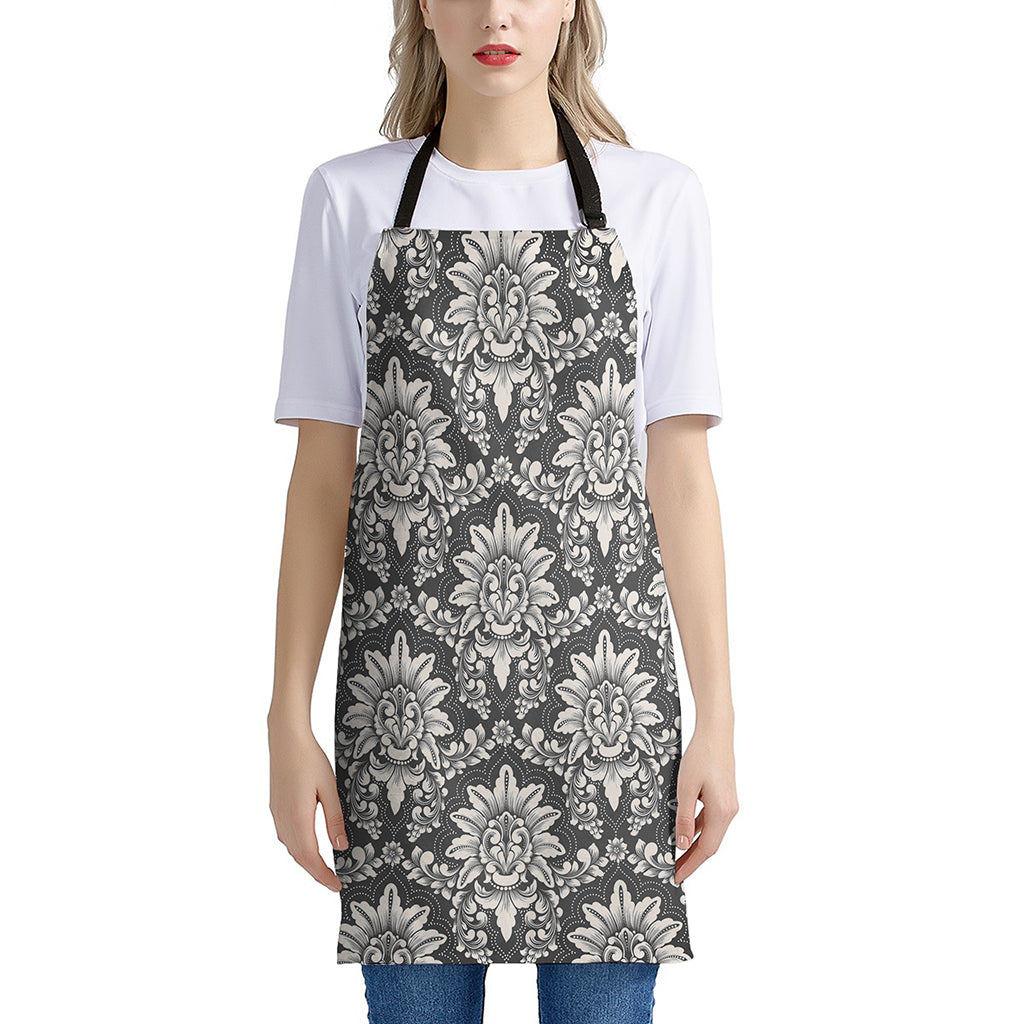 Grey Damask Pattern Print Apron