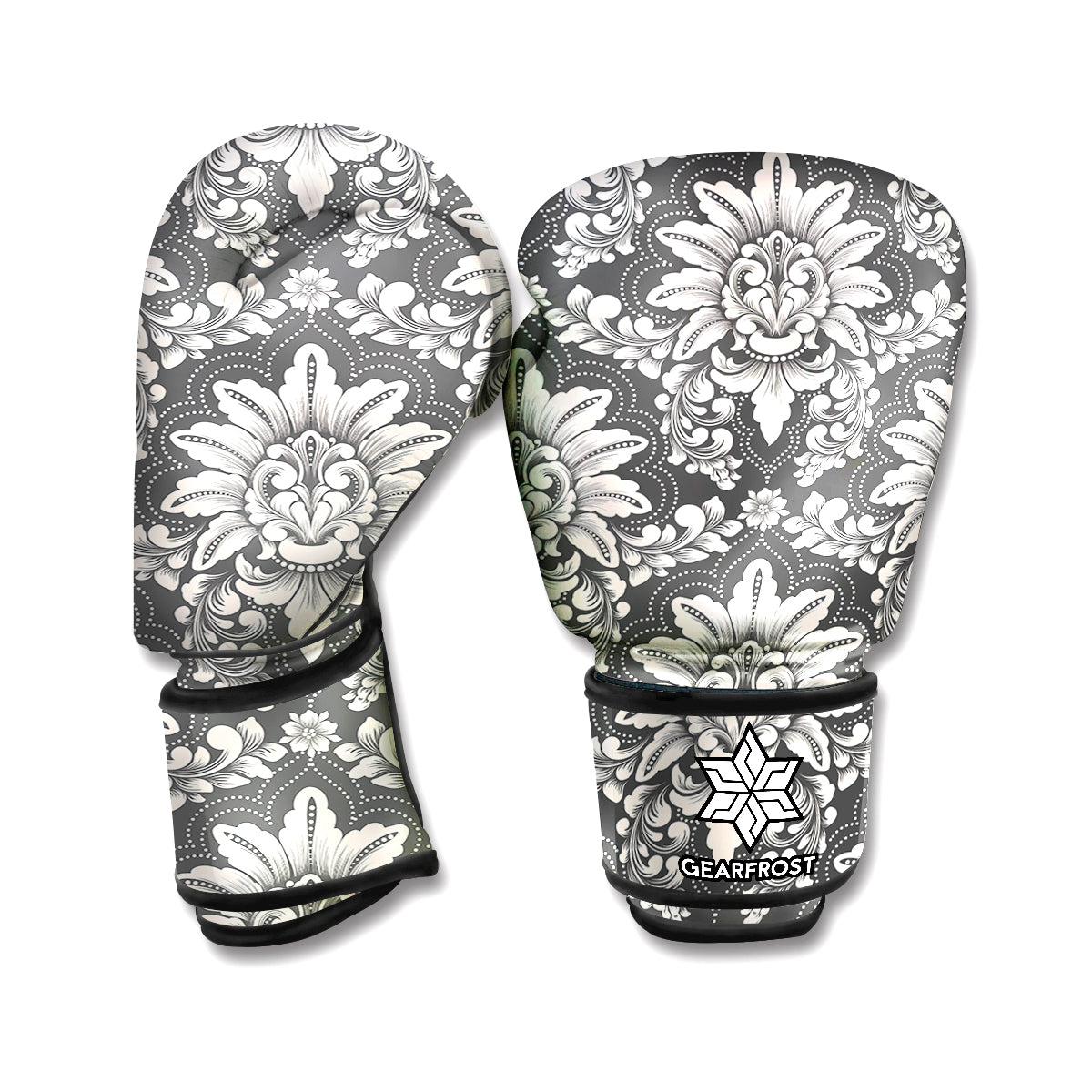 Grey Damask Pattern Print Boxing Gloves
