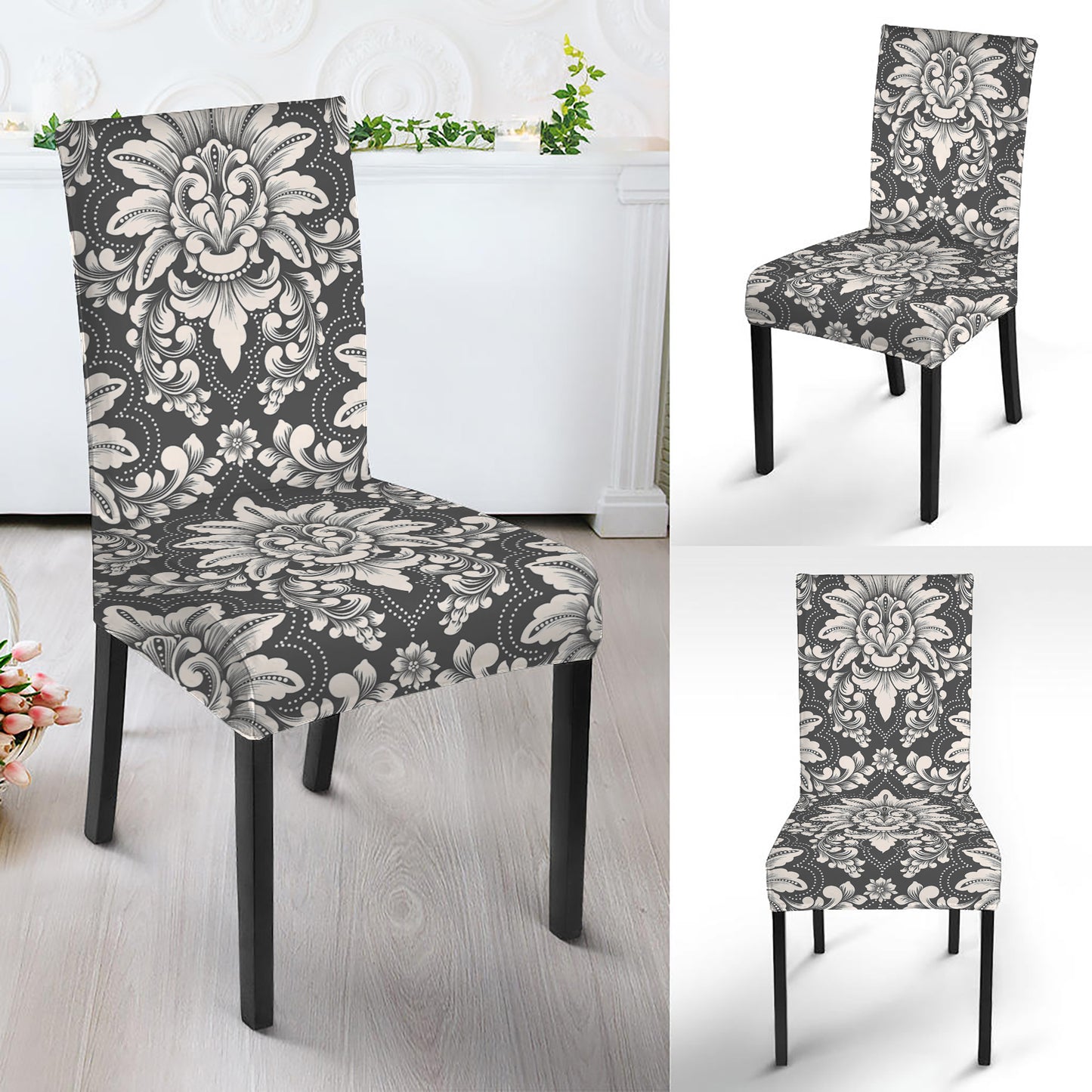 Grey Damask Pattern Print Dining Chair Slipcover