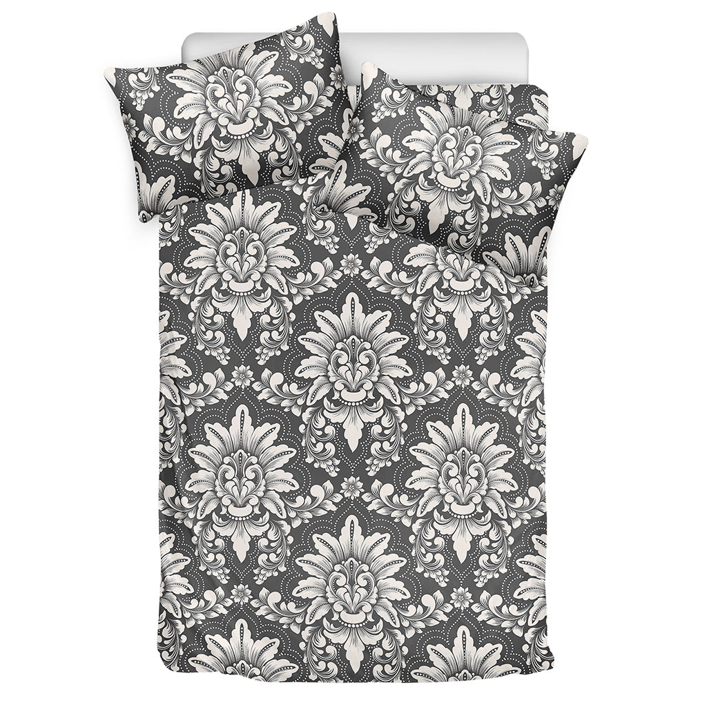 Grey Damask Pattern Print Duvet Cover Bedding Set