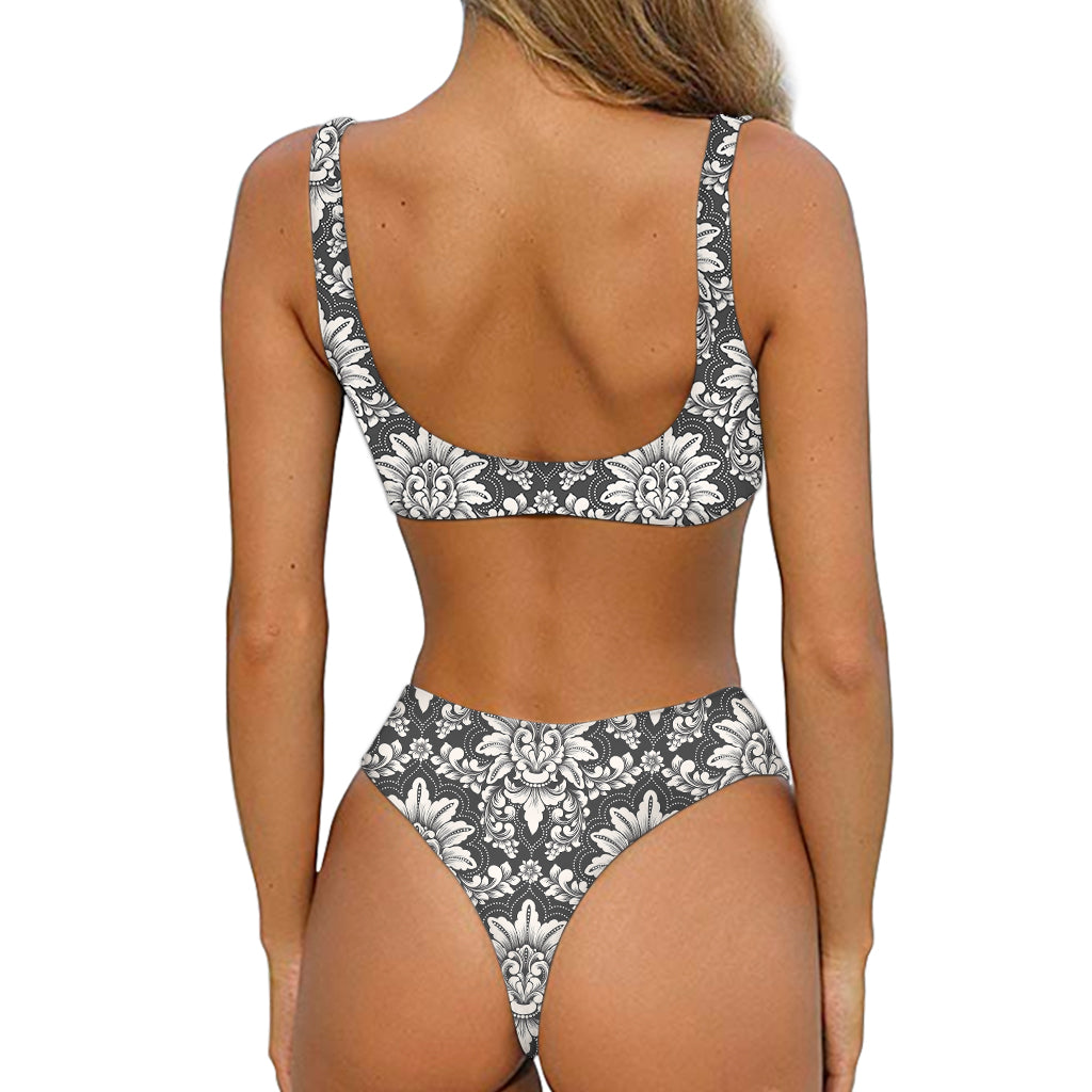 Grey Damask Pattern Print Front Bow Tie Bikini