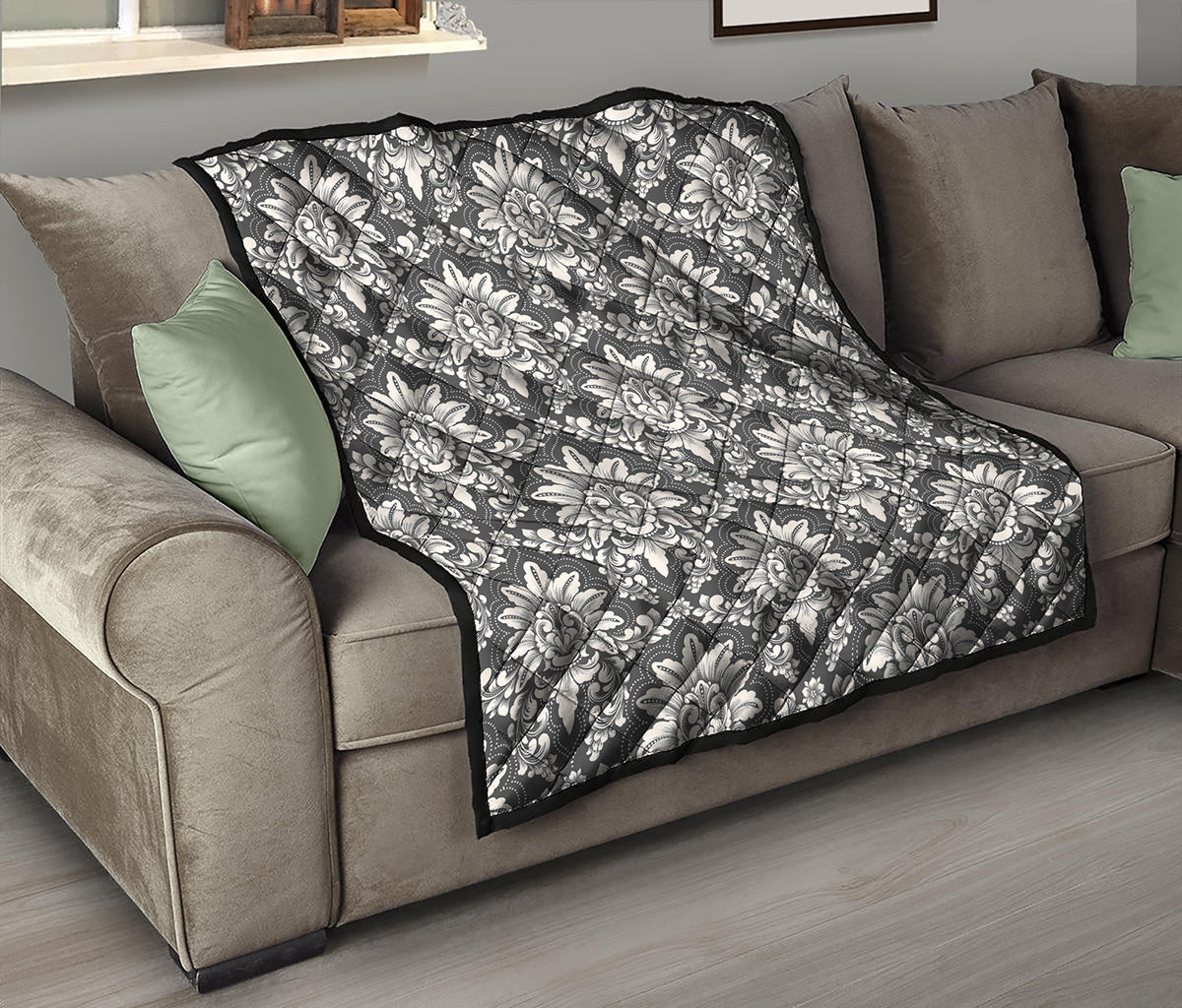 Grey Damask Pattern Print Quilt