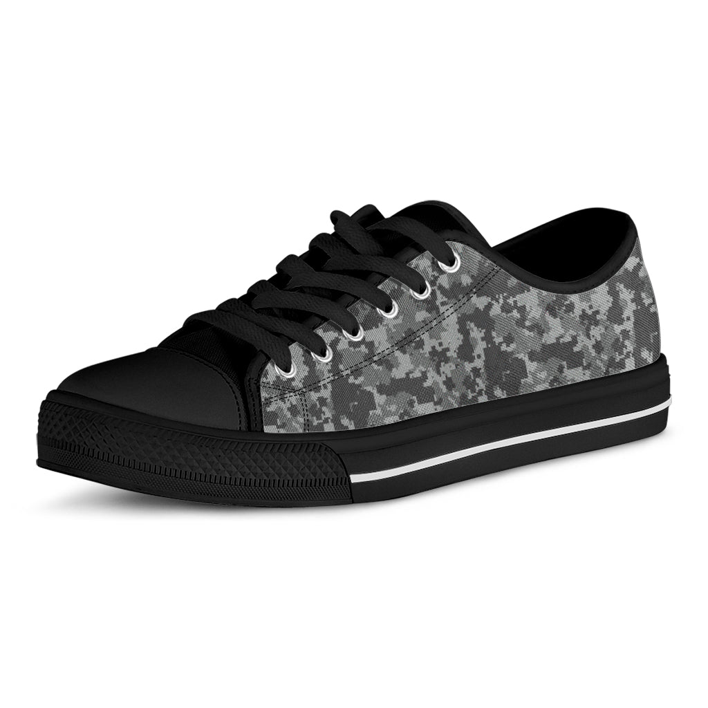 Grey Digital Camo Pattern Print Black Low Top Shoes