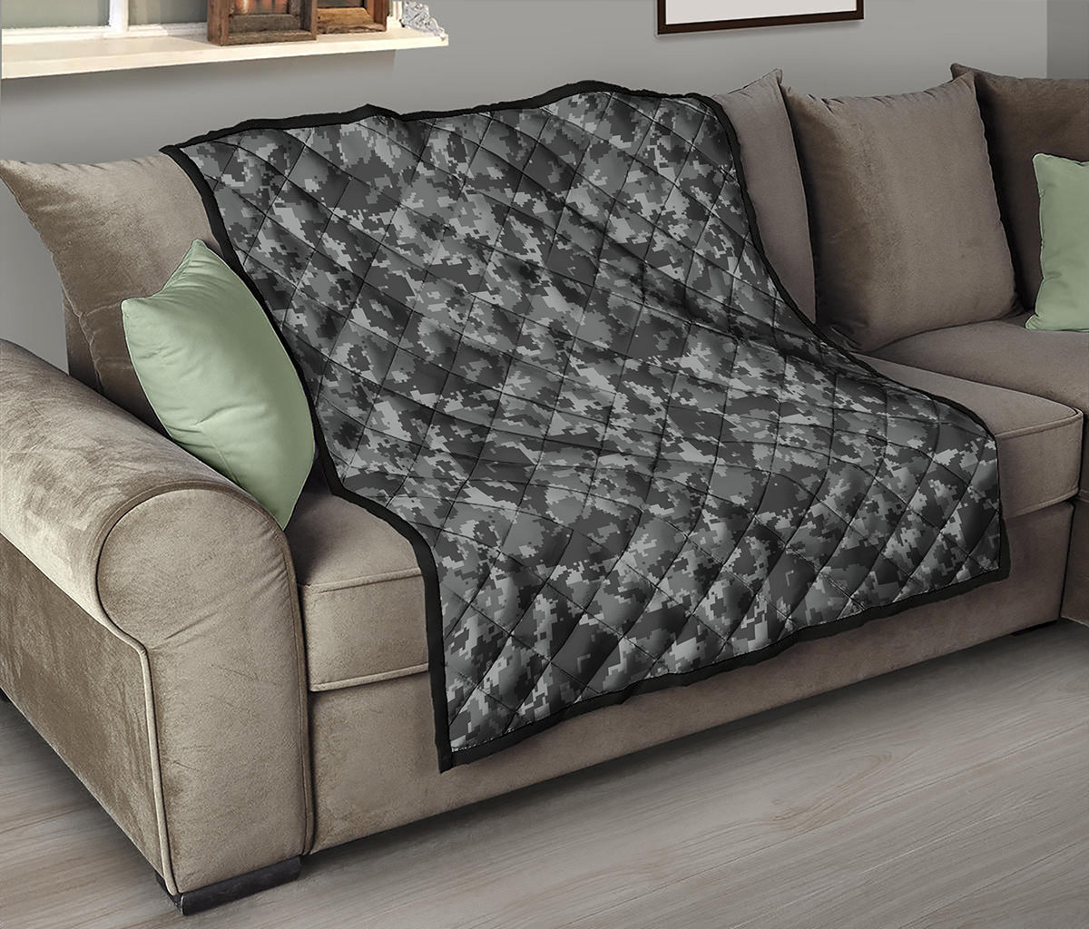 Grey Digital Camo Pattern Print Quilt