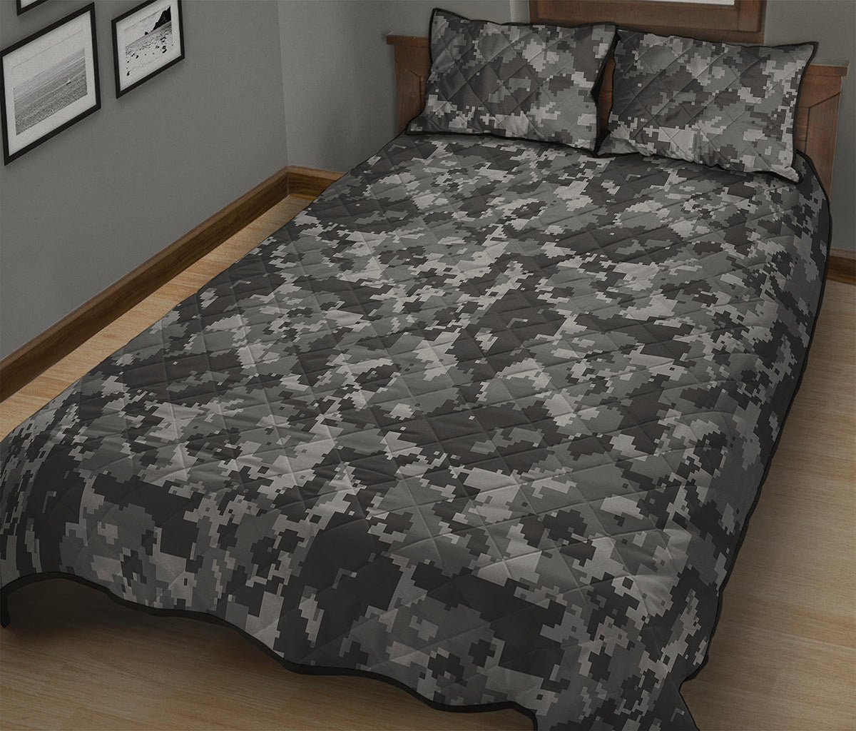 Grey Digital Camo Pattern Print Quilt Bed Set