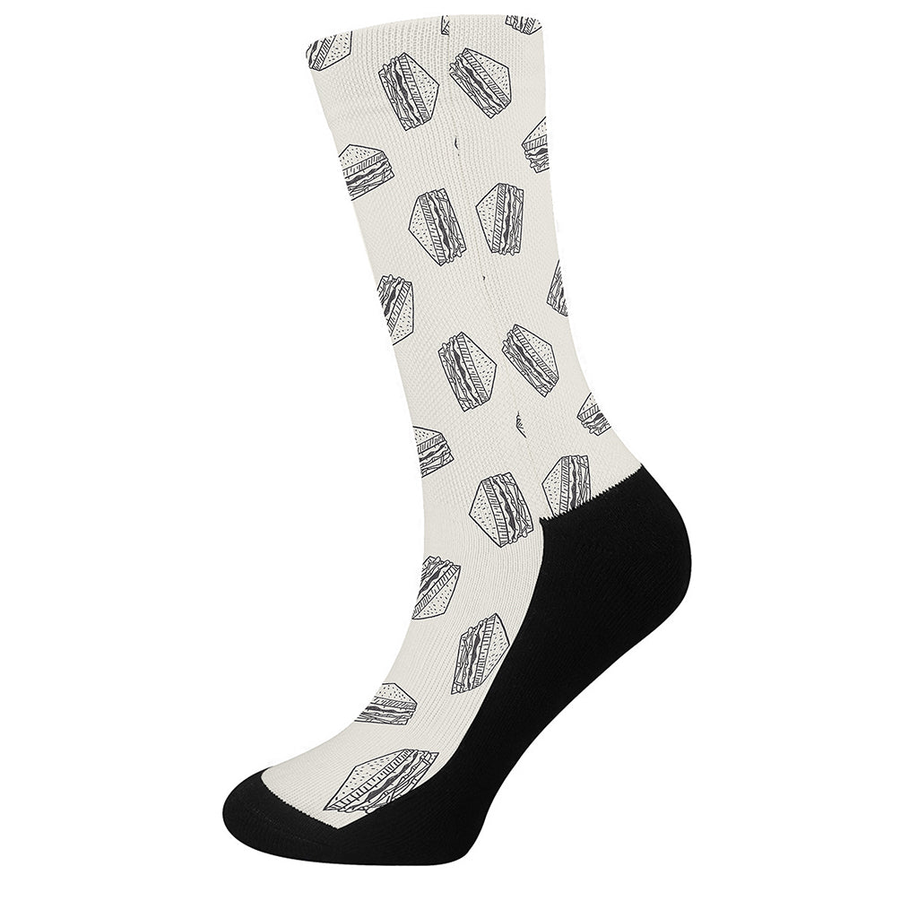 Grey Doodle Sandwich Pattern Print Crew Socks