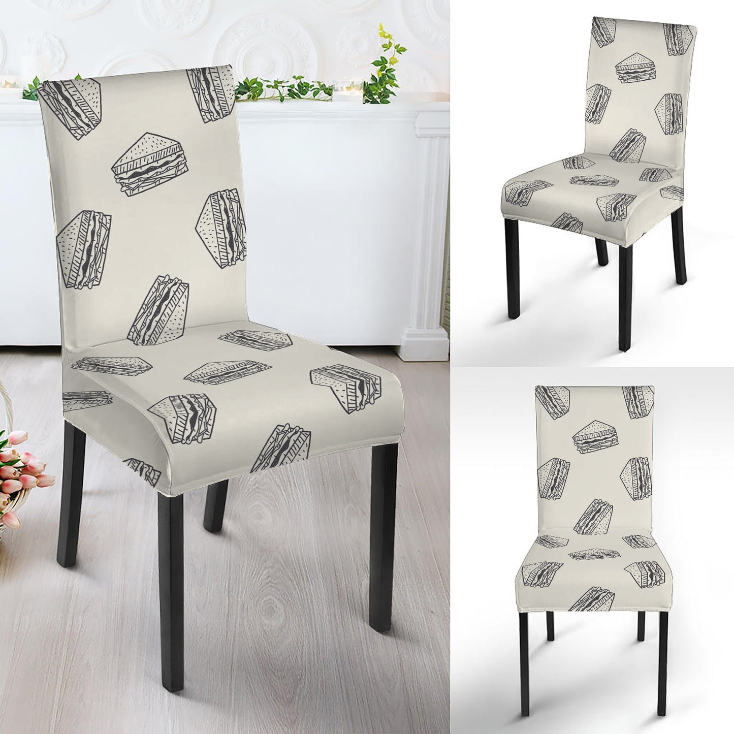 Grey Doodle Sandwich Pattern Print Dining Chair Slipcover