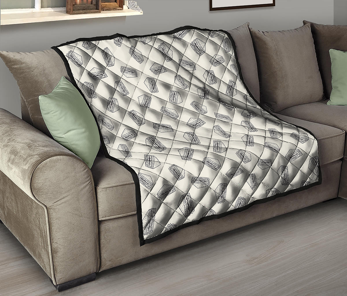 Grey Doodle Sandwich Pattern Print Quilt