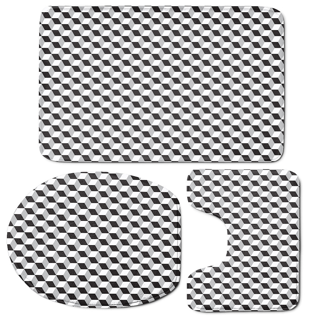 Grey Geometric Cube Shape Pattern Print 3 Piece Bath Mat Set