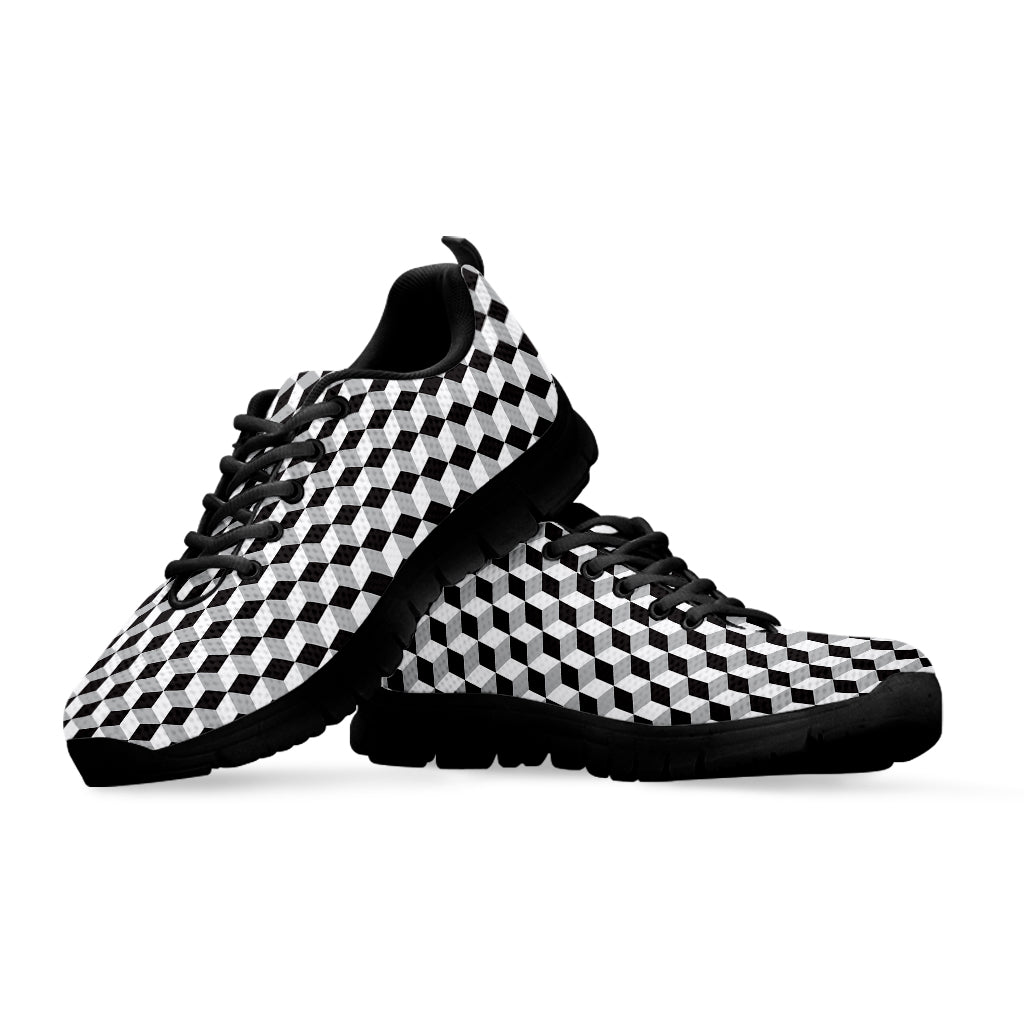Grey Geometric Cube Shape Pattern Print Black Sneakers