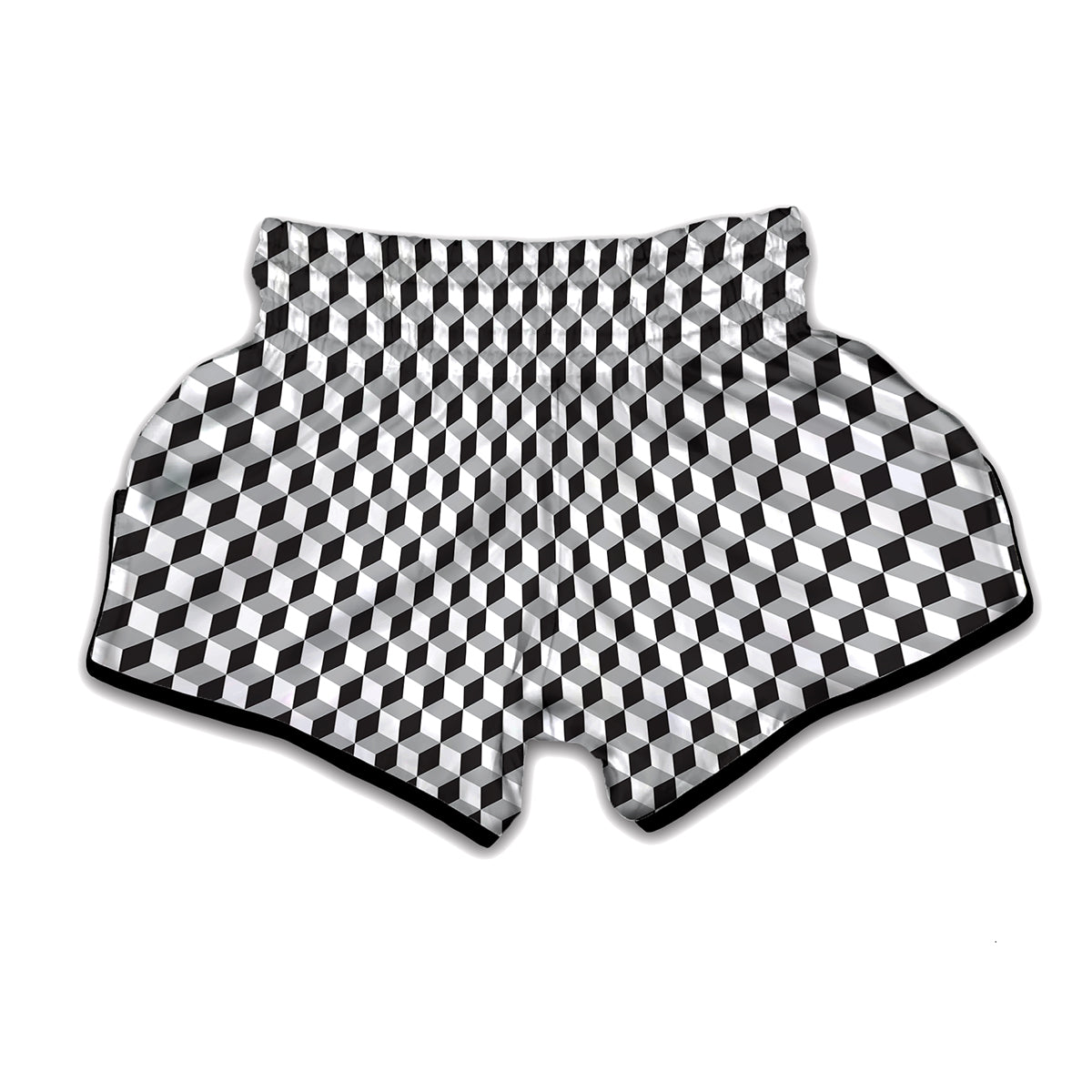 Grey Geometric Cube Shape Pattern Print Muay Thai Boxing Shorts