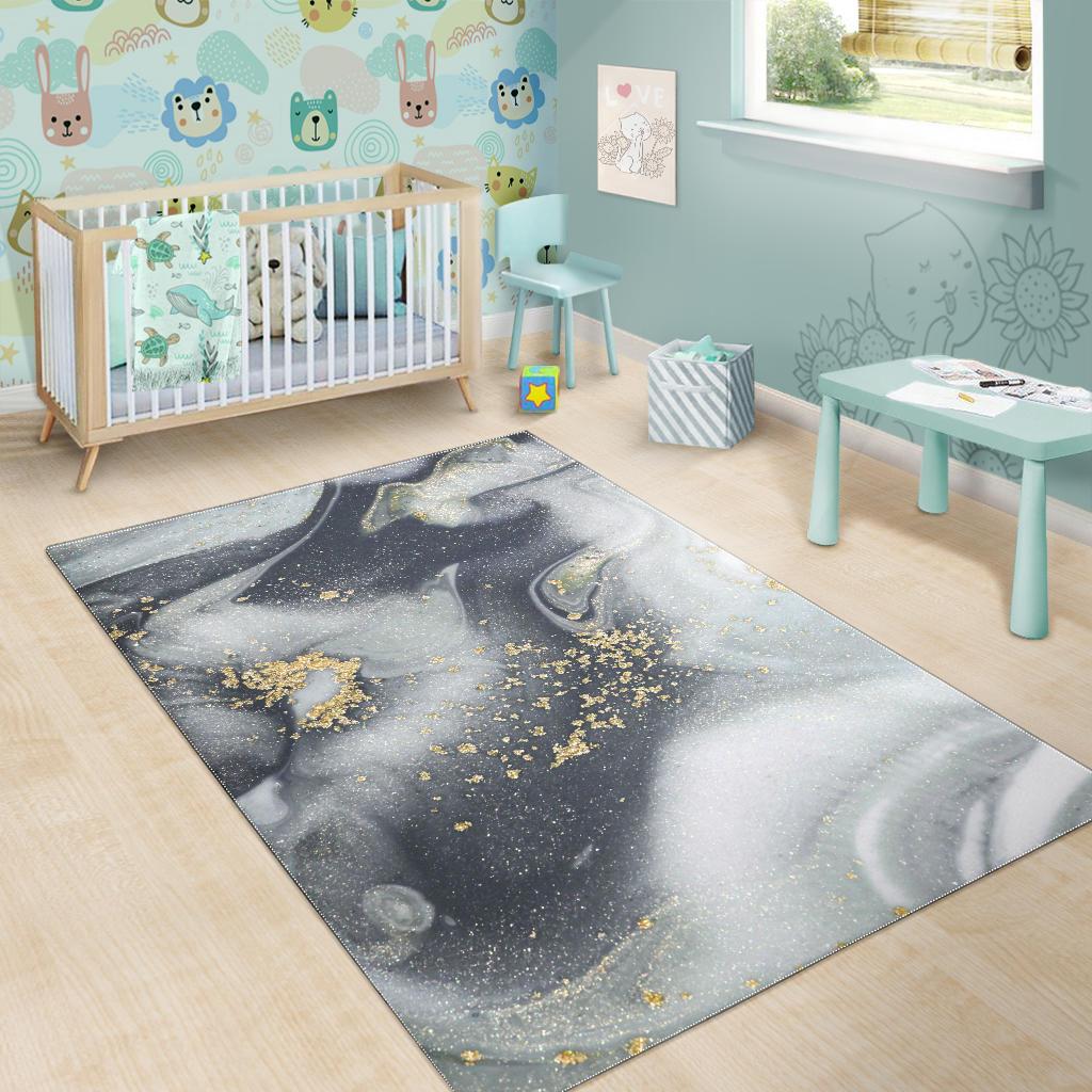 Grey Gold Liquid Marble Print Area Rug GearFrost