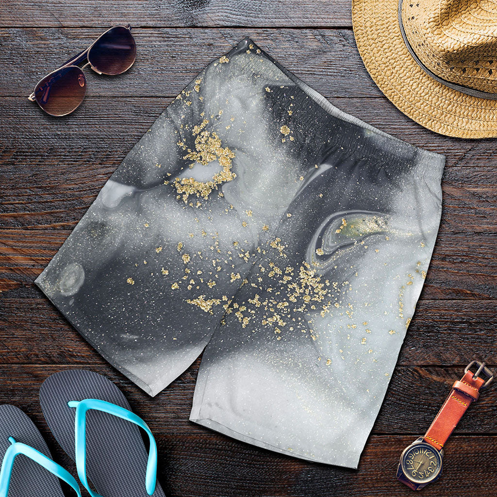 Grey Gold Liquid Marble Print Men's Shorts