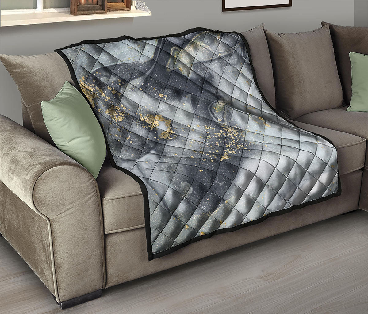 Grey Gold Liquid Marble Print Quilt