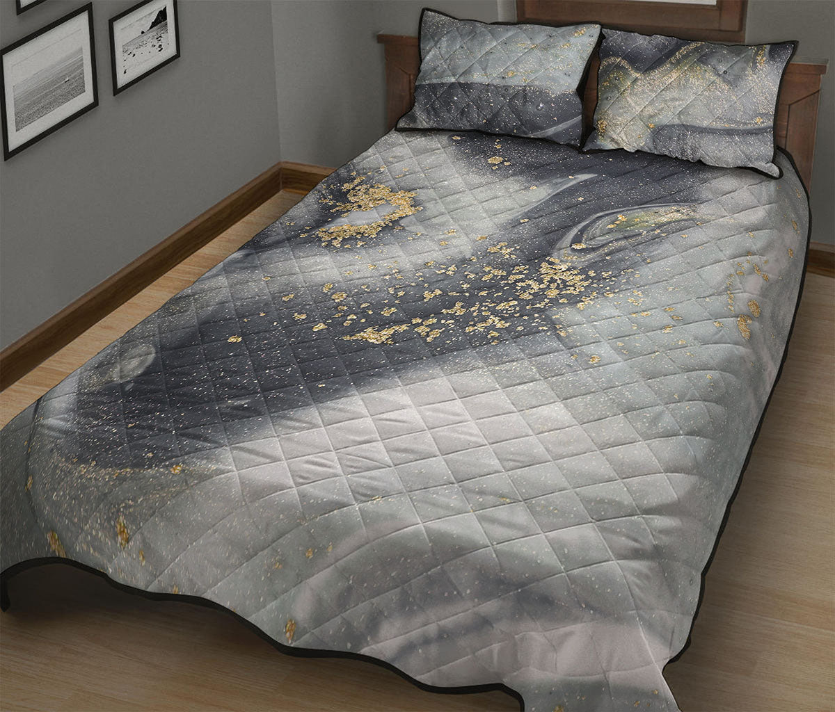 Grey Gold Liquid Marble Print Quilt Bed Set