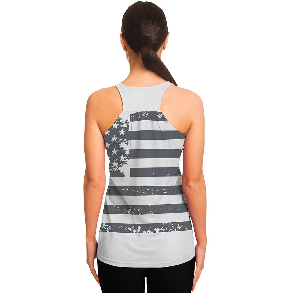 Grey Grunge American Flag Print Women's Racerback Tank Top
