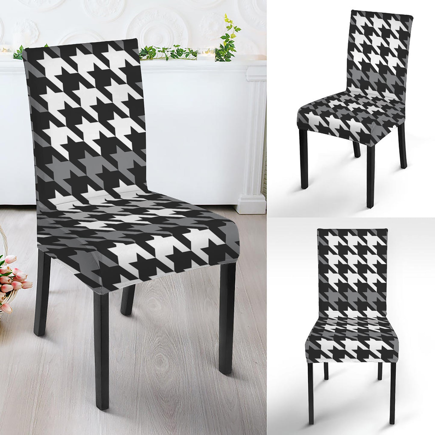 Grey Houndstooth Pattern Print Dining Chair Slipcover