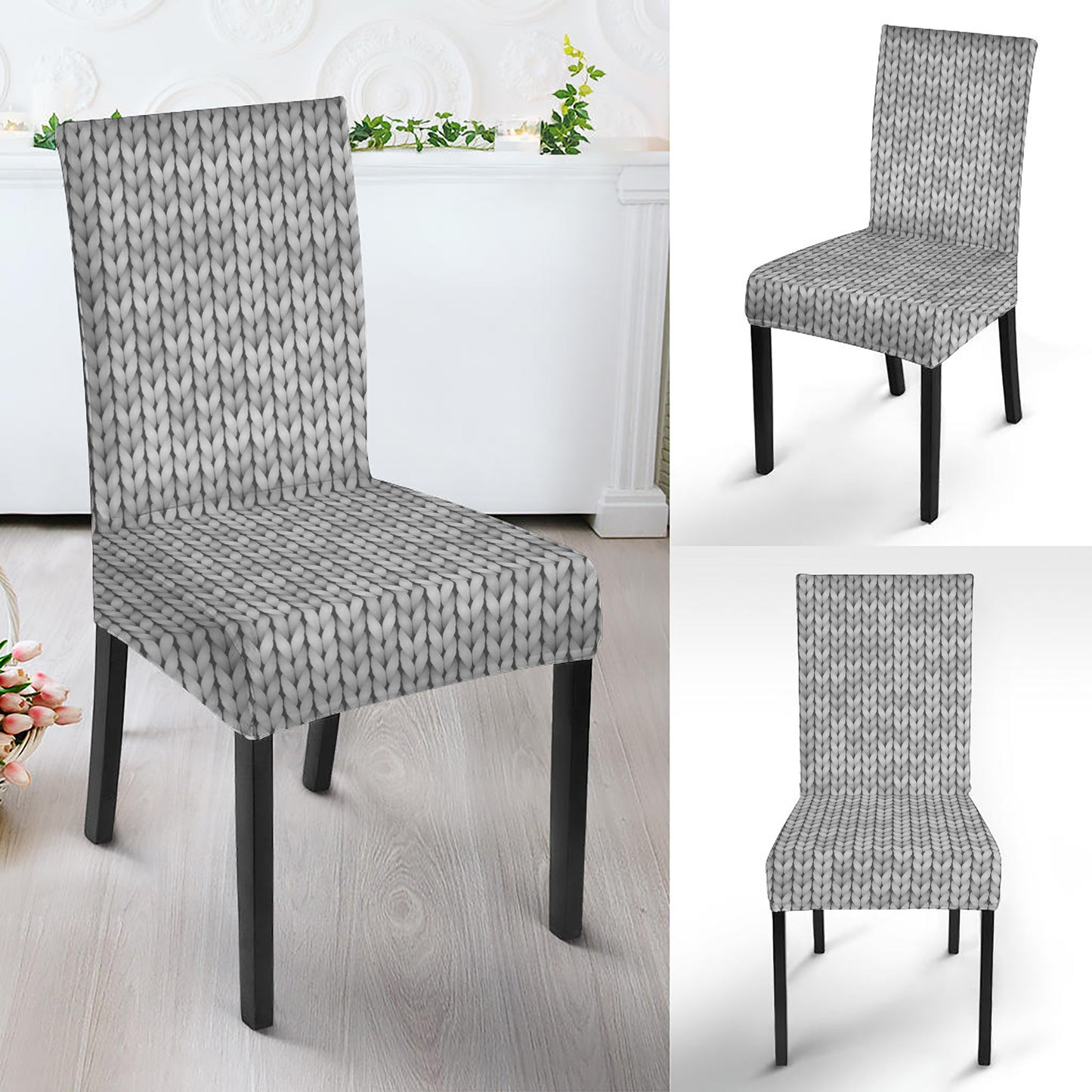 Grey Knitted Pattern Print Dining Chair Slipcover
