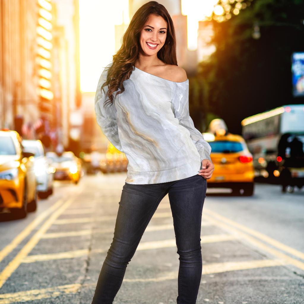 Grey Marble Print Off Shoulder Sweatshirt GearFrost