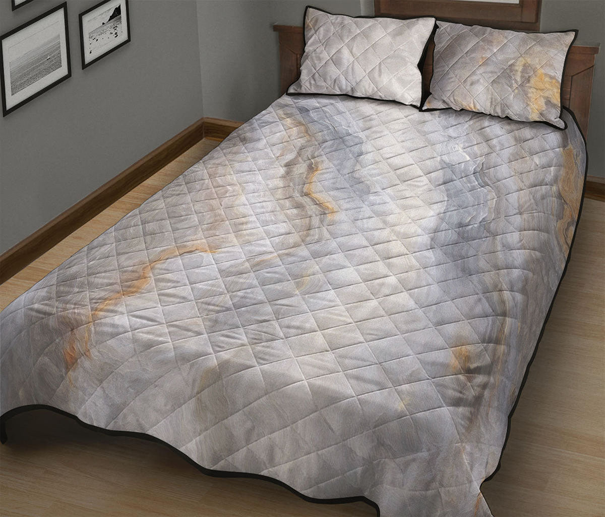 Grey Marble Print Quilt Bed Set