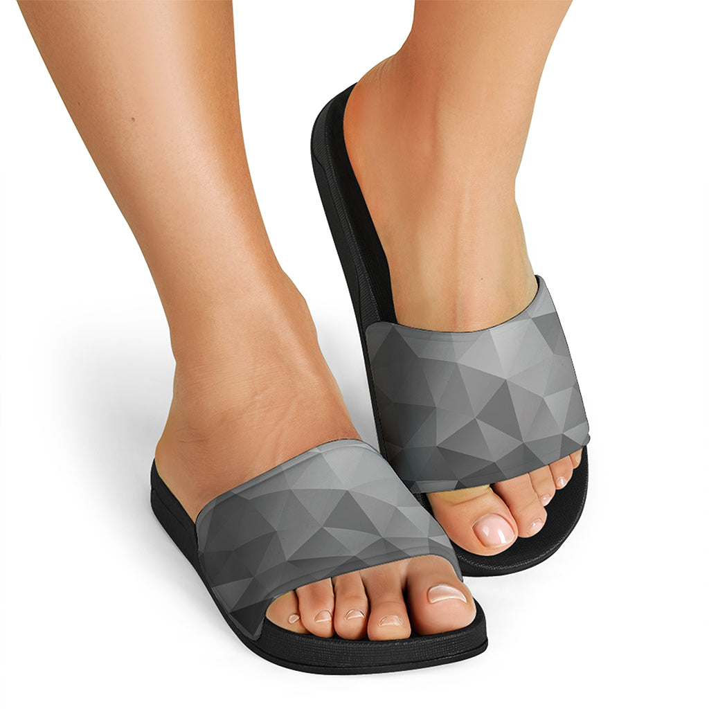 Grey Polygonal Geometric Print Black Slide Sandals