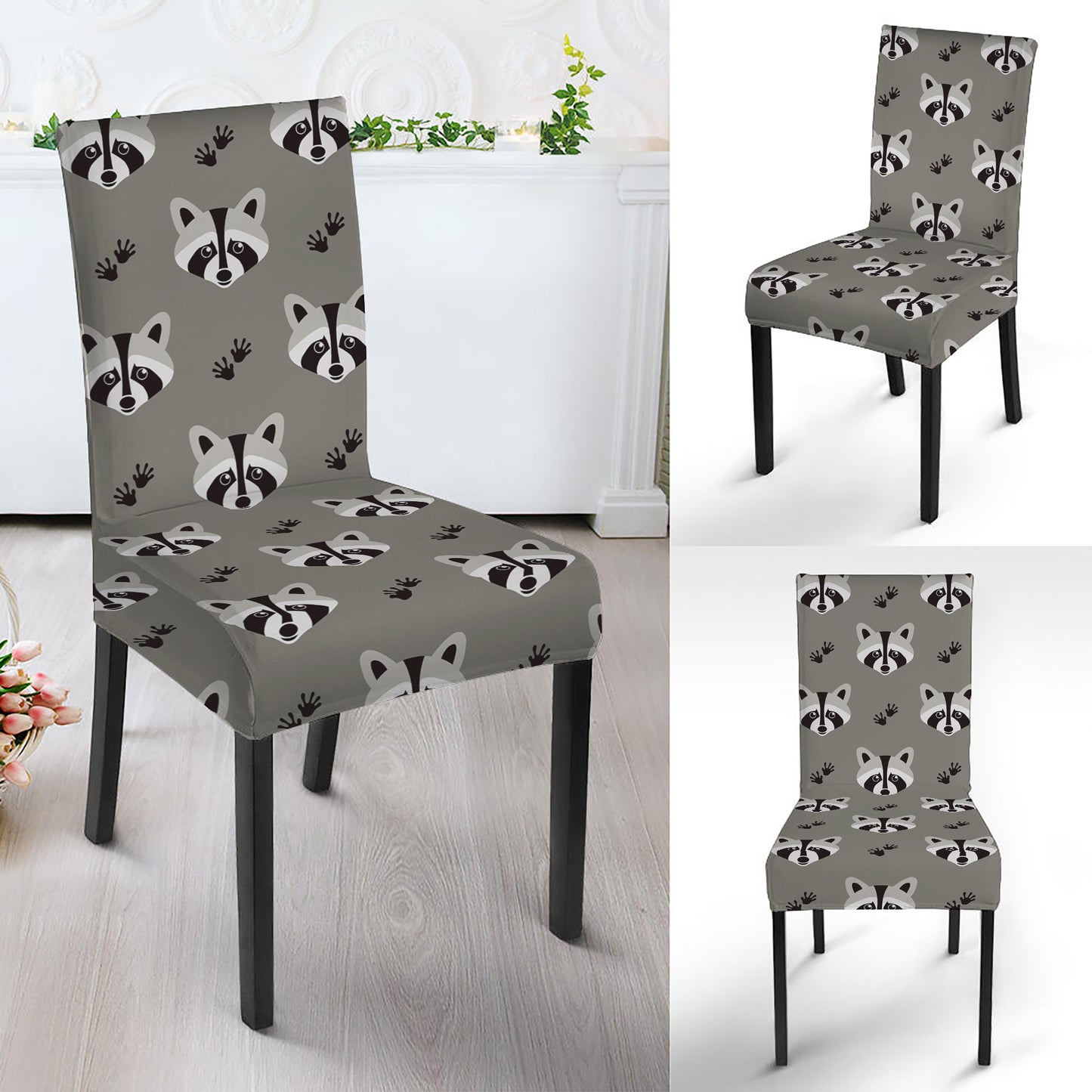 Grey Raccoon Pattern Print Dining Chair Slipcover