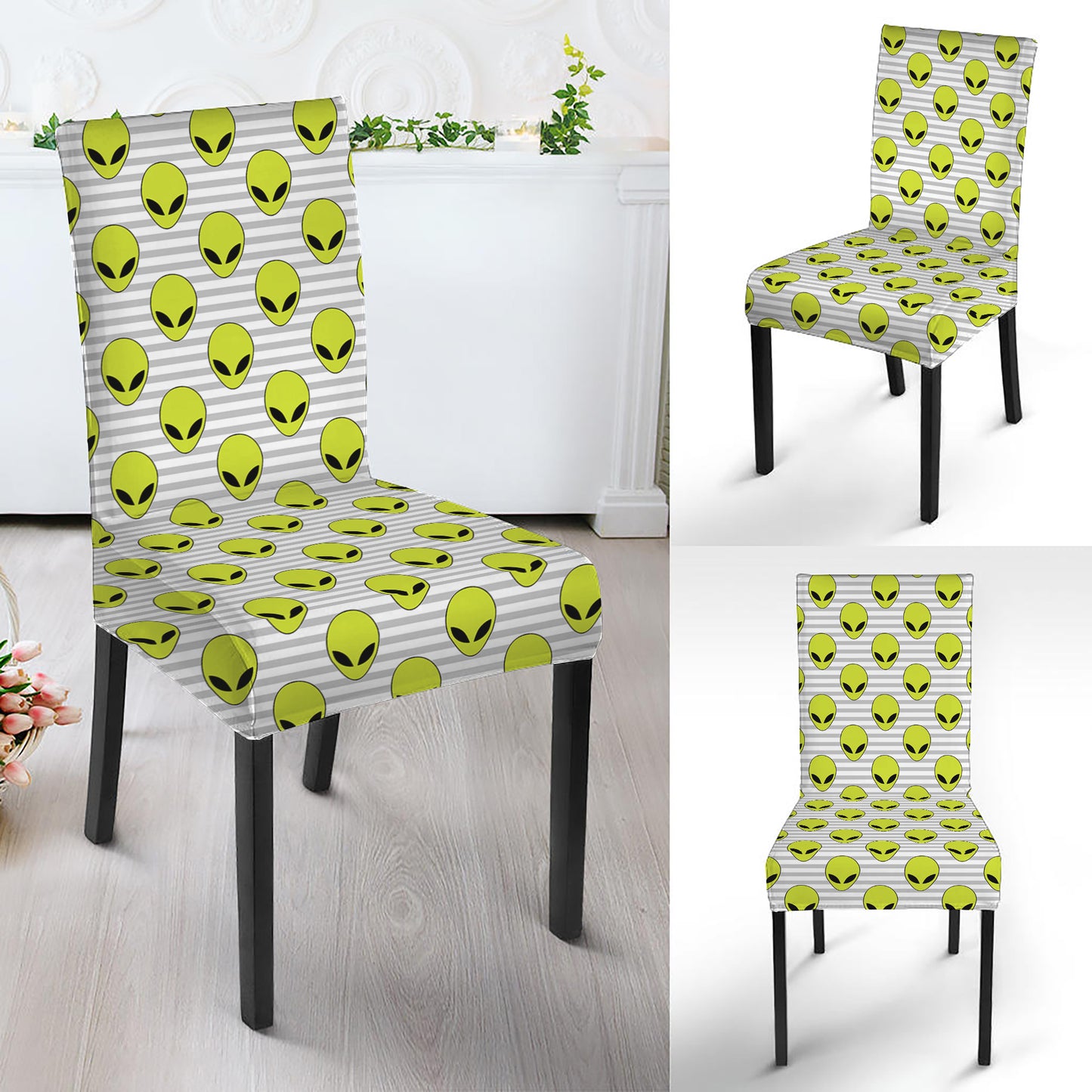 Grey Striped Alien Pattern Print Dining Chair Slipcover