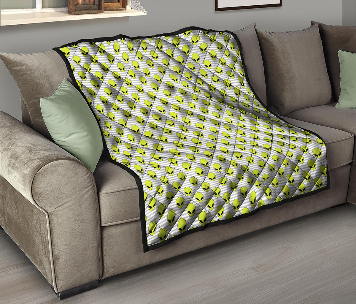 Grey Striped Alien Pattern Print Quilt