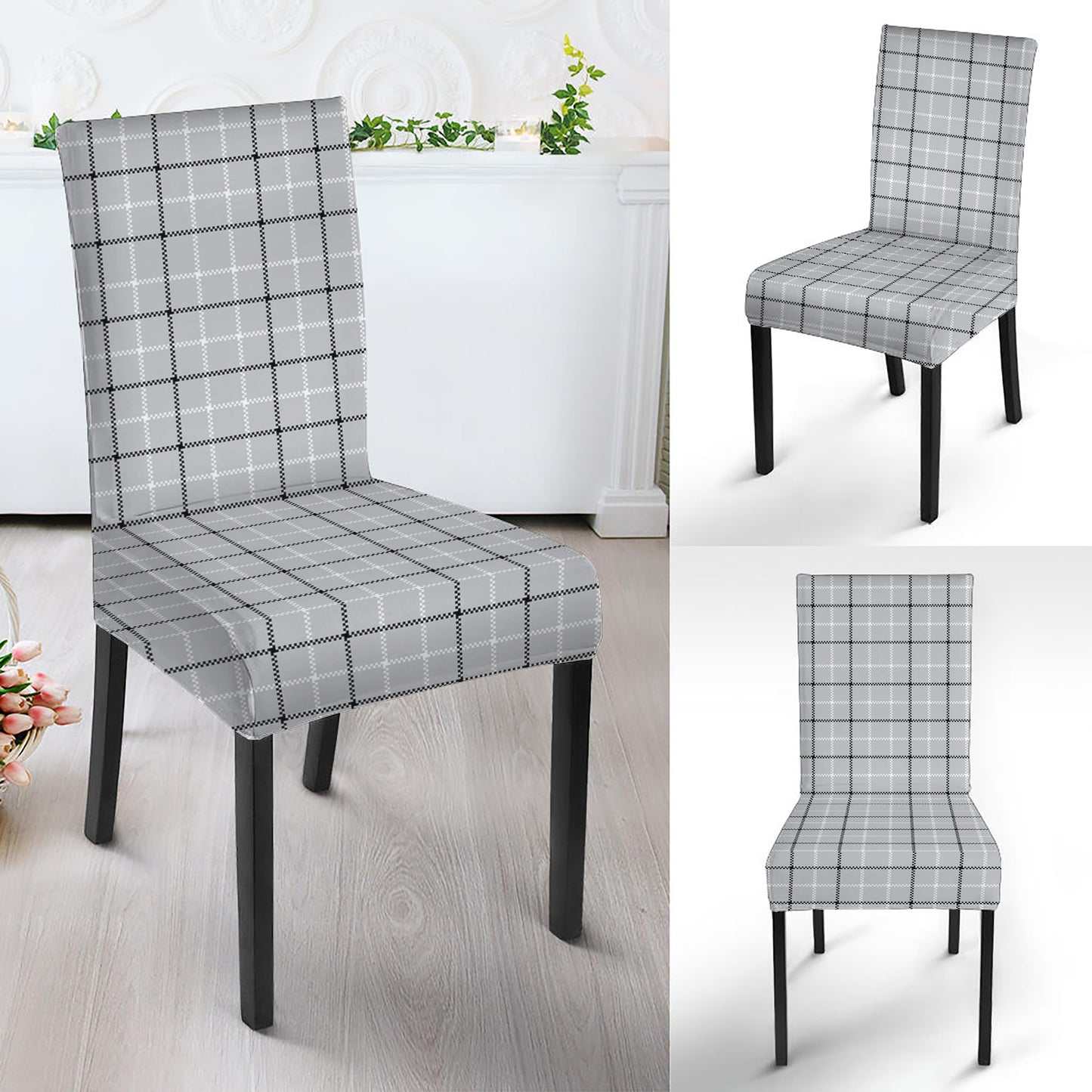 Grey Tattersall Pattern Print Dining Chair Slipcover