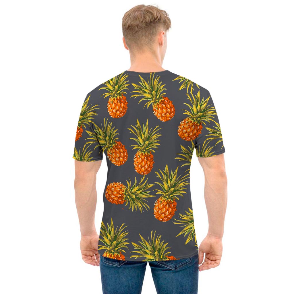 Grey Watercolor Pineapple Pattern Print Men's T-Shirt