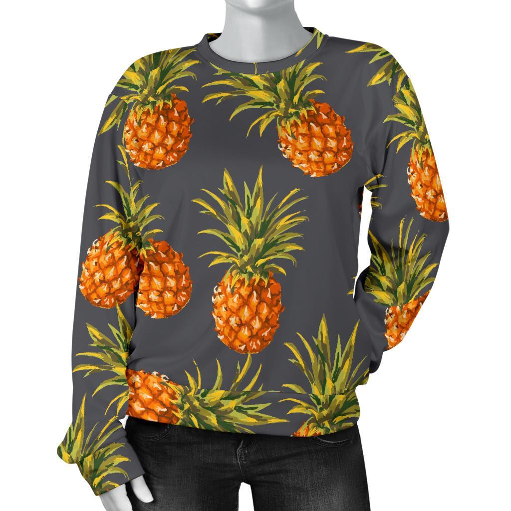 Grey Watercolor Pineapple Pattern Print Women's Crewneck Sweatshirt GearFrost