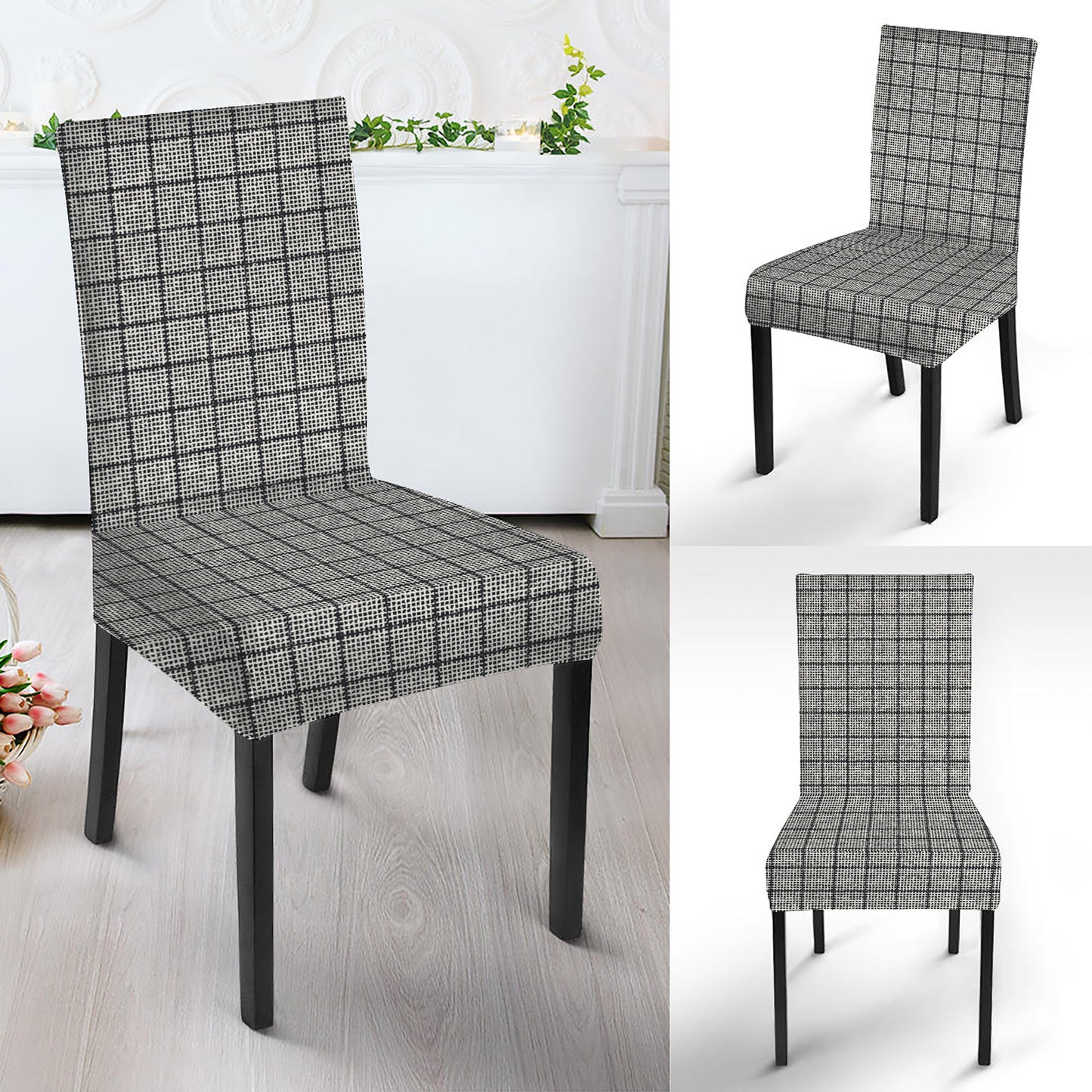 Grey Windowpane Pattern Print Dining Chair Slipcover