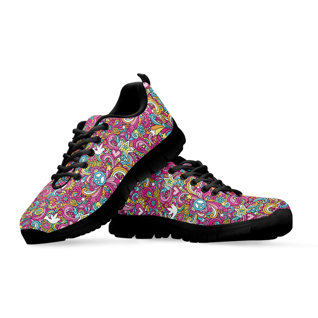 Groovy Girly Peace Pattern Print Black Sneakers