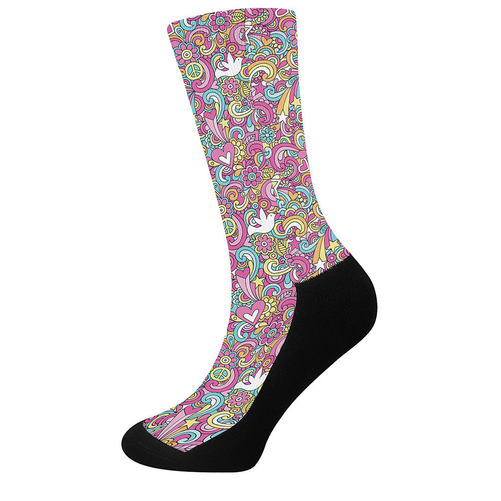 Groovy Girly Peace Pattern Print Crew Socks