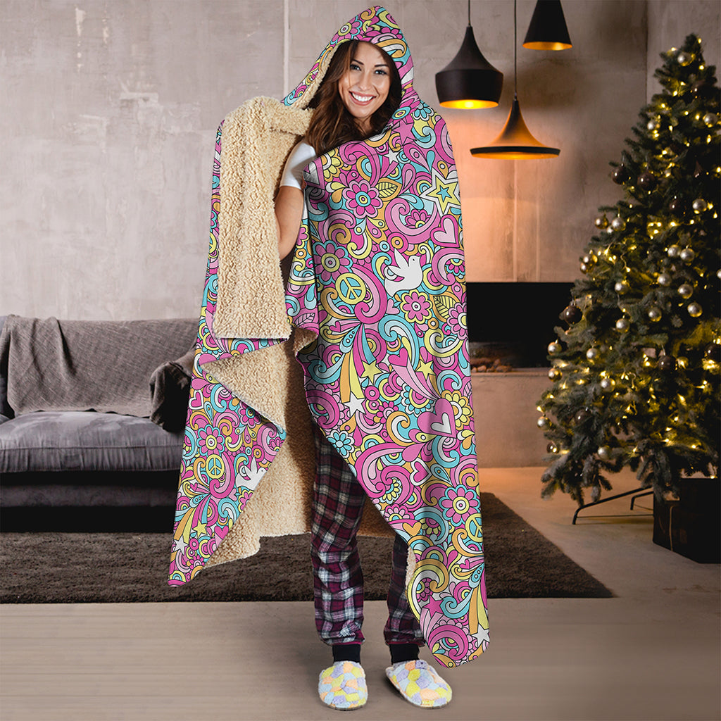 Groovy Girly Peace Pattern Print Hooded Blanket