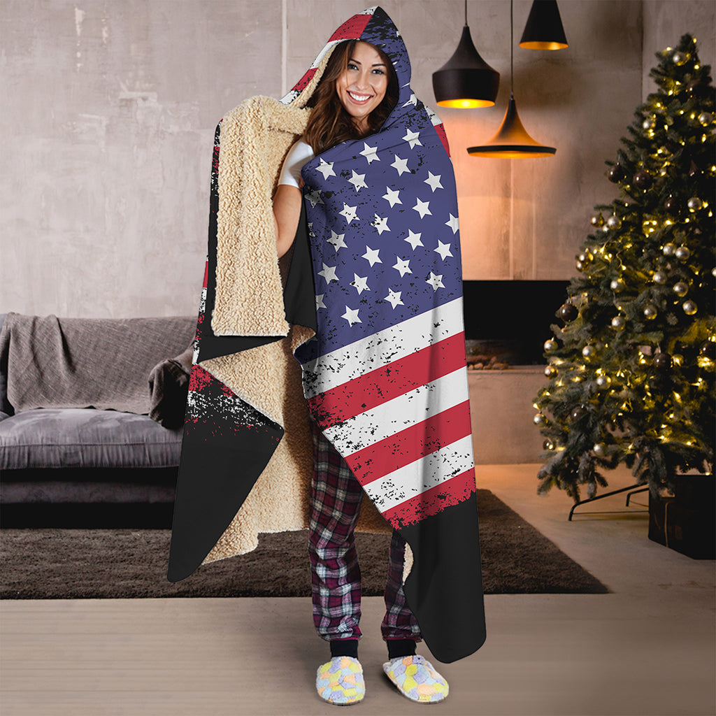 Grunge American Flag Print Hooded Blanket