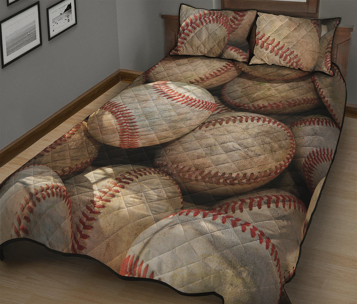 Grunge Baseballs Print Quilt Bed Set