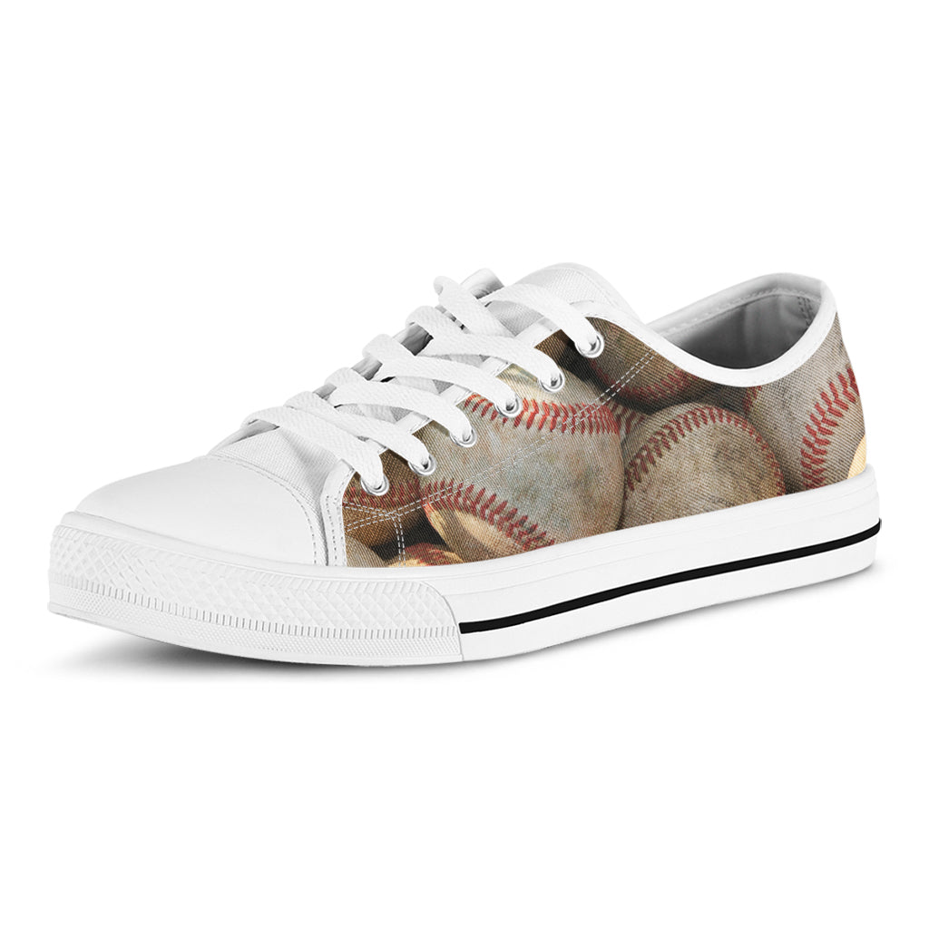 Grunge Baseballs Print White Low Top Shoes