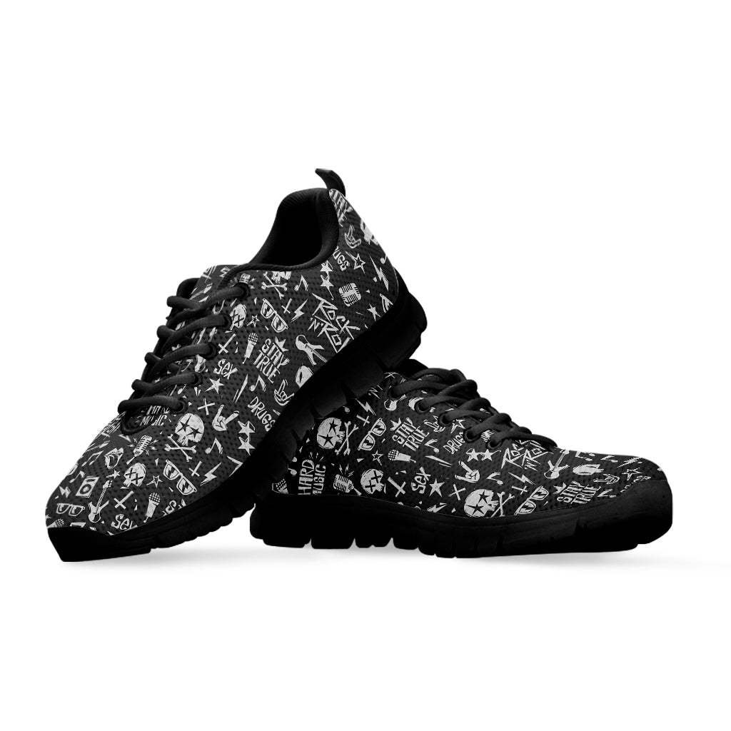 Grunge Rock And Roll Pattern Print Black Sneakers