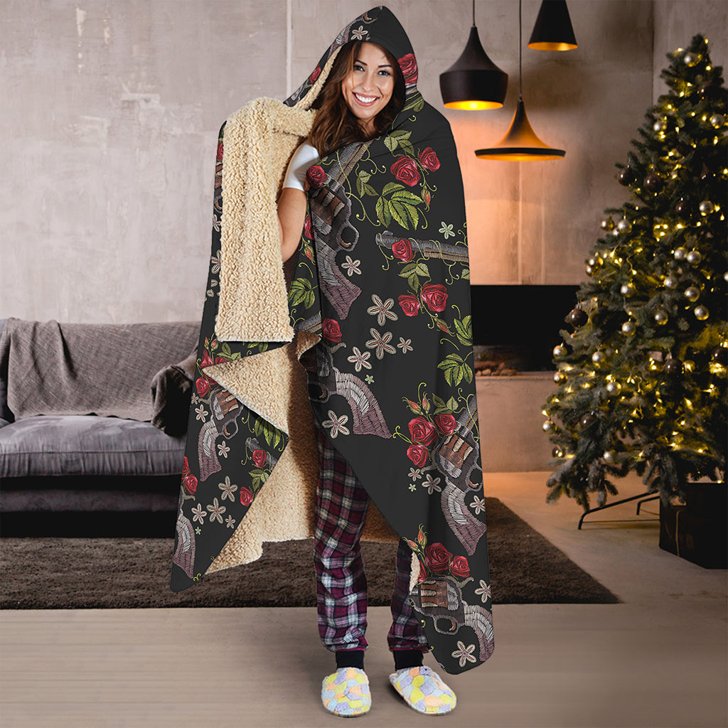 Guns And Flowers Pattern Print Hooded Blanket