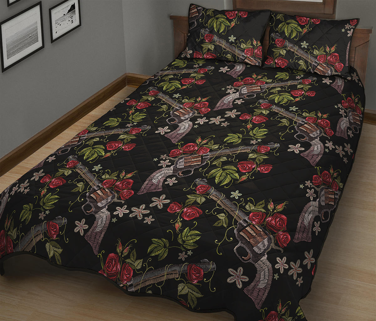 Guns And Flowers Pattern Print Quilt Bed Set