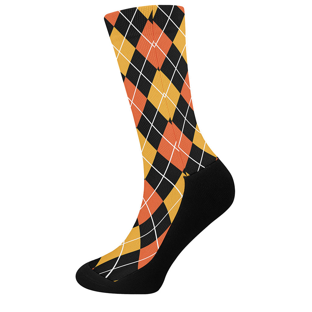 Halloween Black And Orange Argyle Print Crew Socks