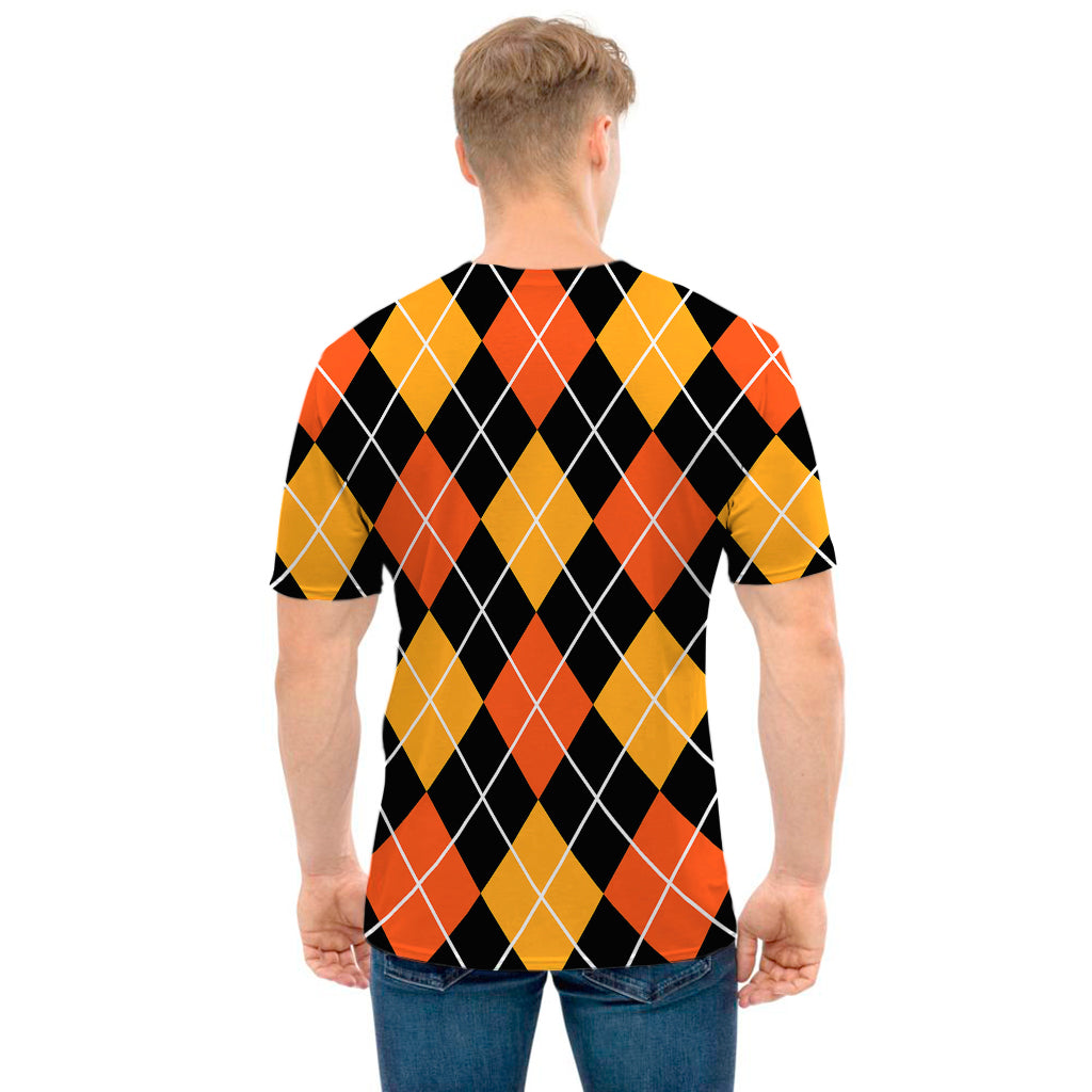 Halloween Black And Orange Argyle Print Men's T-Shirt