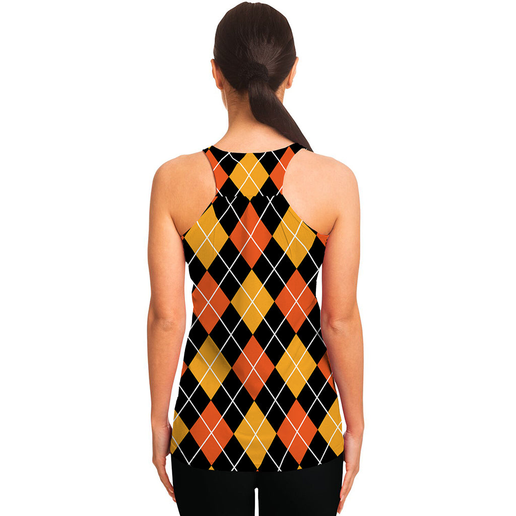 Halloween Black And Orange Argyle Print Women's Racerback Tank Top